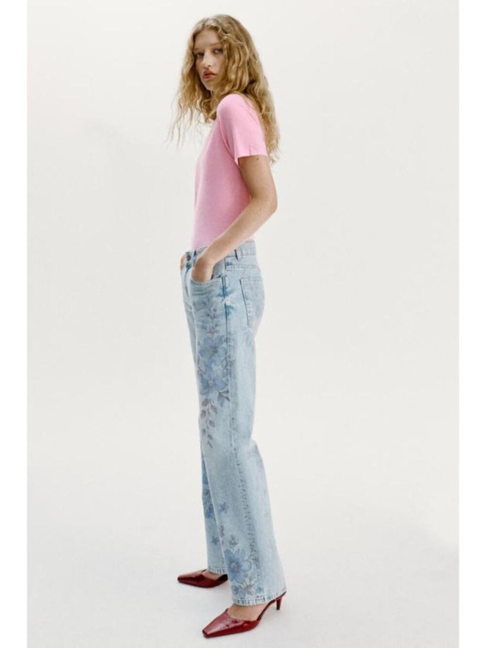 ZARA Z1975 MID-RISE LONG STRAIGHT FLORAL JEANS 6186/060/427